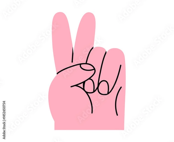 Obraz Hand drawn cute cartoon illustration of victory human hands gesture. Flat vector V arm sign doodle. Win or peace sticker. Success congratulation icon. Greeting interaction. Isolated.