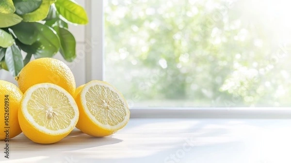 Obraz Fresh lemons on a table with a bright window background.