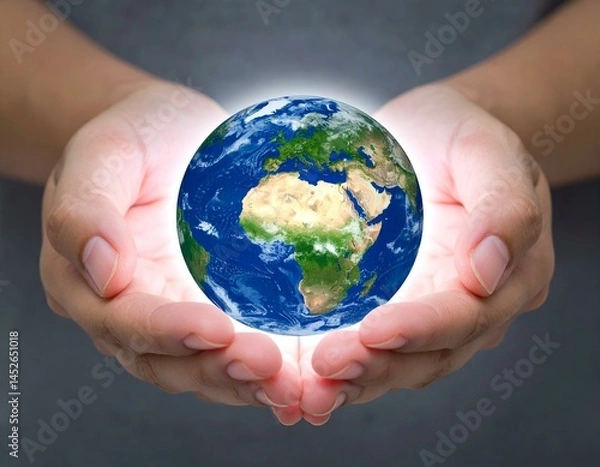 Fototapeta Hands gently cradling a glowing Earth, symbolizing environmental protection and global care.