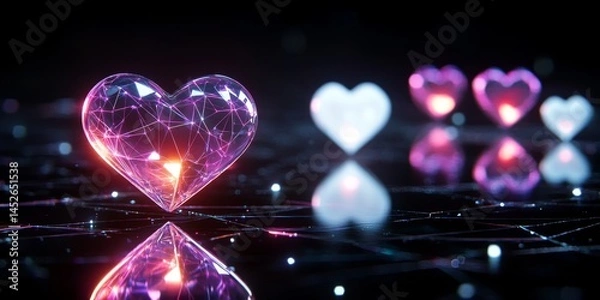 Fototapeta An abstract background featuring neon geometric hearts with a reflective surface and a dark backdrop, creating a futuristic atmosphere