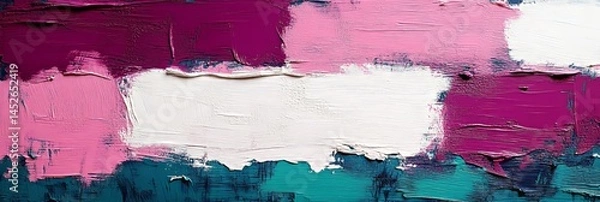 Fototapeta An abstract background featuring textured brush strokes in shades of pink, purple, and teal with a central white space