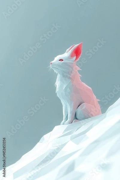 Fototapeta A stylized, minimalistic illustration of a white cat with geometric shapes sitting on a snowy surface against a light blue background