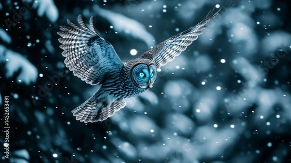 Fototapeta A minimalistic image of an owl in mid-flight, showcasing its wings spread wide against a snowy backdrop