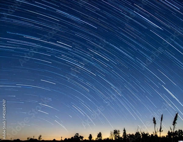 Fototapeta Stunning long-exposure shot capturing star trails across a twilight sky. Silhouetted trees and grasses frame the bottom. Perfect for astronomy, nature, or space themes.