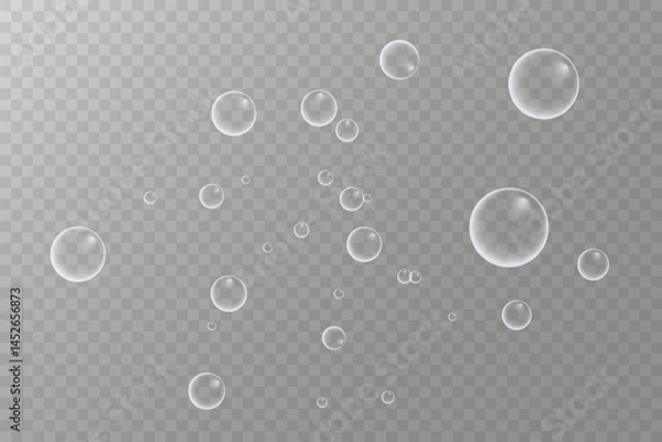 Fototapeta Set of colorful soap bubbles for design creation. Isolated, transparent, realistic soap bubbles on transparent background.