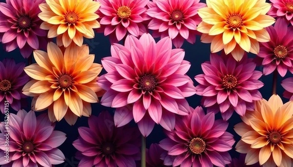 Fototapeta Intricate dahlia blooms, vibrant hues, repeating pattern, petals, surface, flower pattern