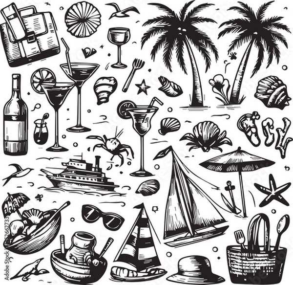 Fototapeta Hand-drawn line art in purple ink of a tropical beach vacation theme, featuring palm trees, cocktails, wine, seafood dishes, sailboats, sunbathing people, birds, beach accessories like hats and bags, 