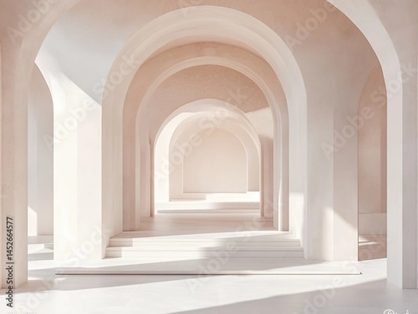 Fototapeta Endless hallway of arches in light beige with sunlight casting shadows on the light colored floor