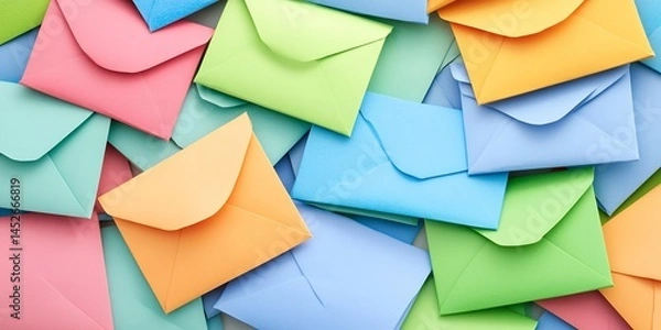 Fototapeta A colorful assortment of pastel colored envelopes stacked together in a random arrangement style