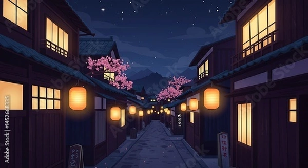 Obraz Night Street with Lanterns and Cherry Blossom