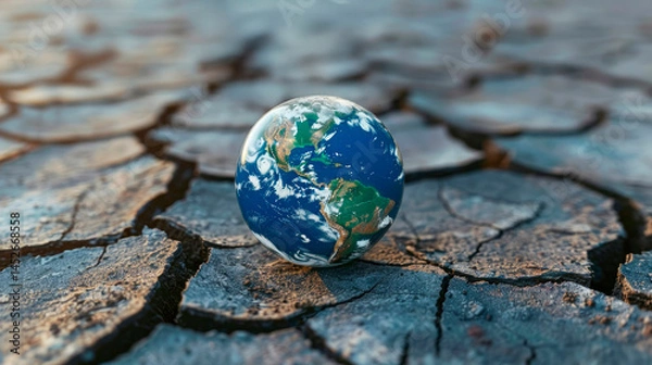 Fototapeta Planet Earth resting on dry, cracked ground symbolizes global warming, climate change, and environmental crisis. Concept of ecological disaster and need for sustainability