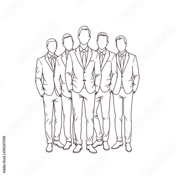 Fototapeta Six men in suits, standing together, monochrome sketch, for business presentations