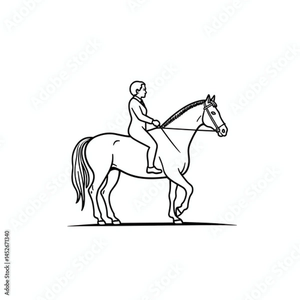 Obraz Person horseback riding, line art illustration, monochrome, equestrian sport