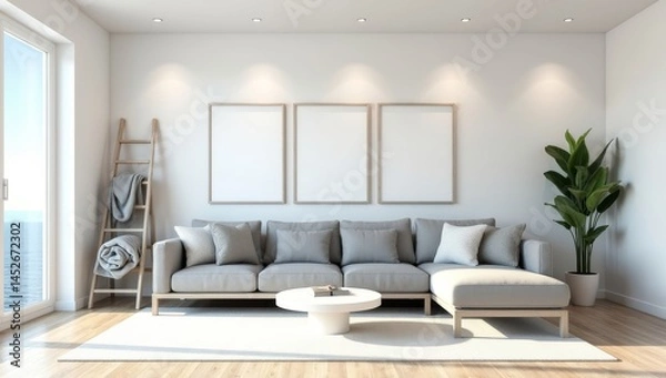 Fototapeta Perspective of modern luxury living room with grey sofa on sea view background, Minimal, Architecture idea of large window system.