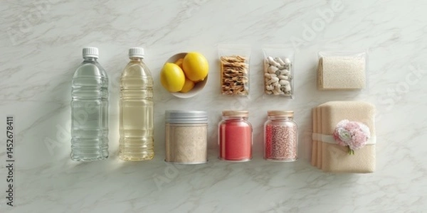 Fototapeta Minimalist Emergency Preparedness Flat Lay Clean Design Meets Survival Essentials - Modern Urban Resilience Kit with Sustainable Water, Nutrition and Wellness Solutions