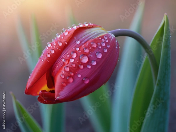 Obraz Closeup of Red Tulip with Dew Drops on Petals at Sunrise. Red Tulip Macro