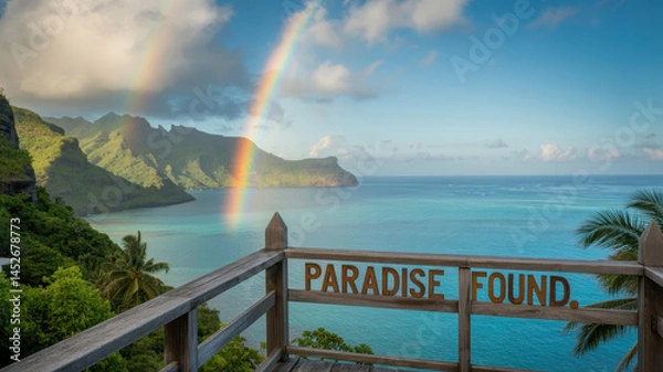 Obraz Wooden Terrace Overlooking Tropical Coastline with Rainbow and Paradise Found Text