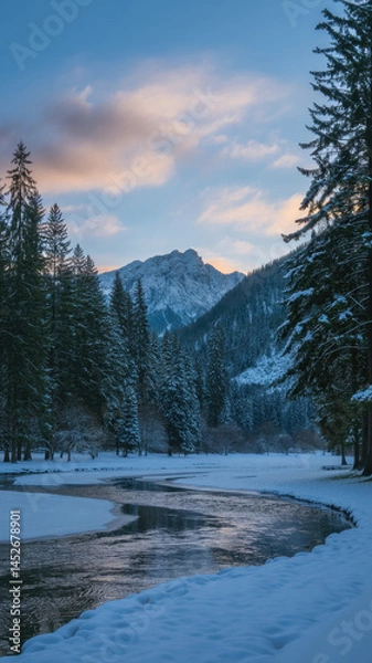 Obraz Serene Winding River in Snowy Mountain Landscape. Snowy Winter Landscape