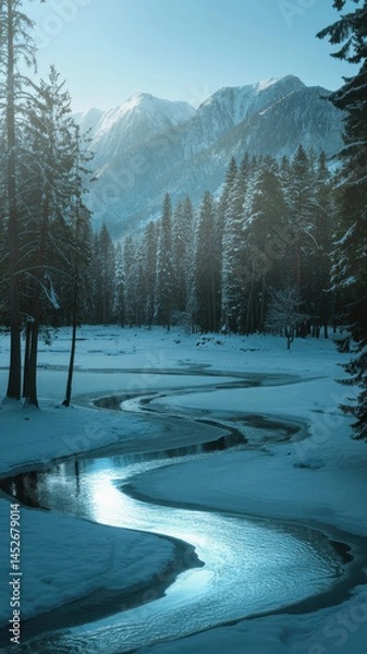 Obraz Serene Winding River in Snowy Mountain Landscape. Snowy Winter Landscape