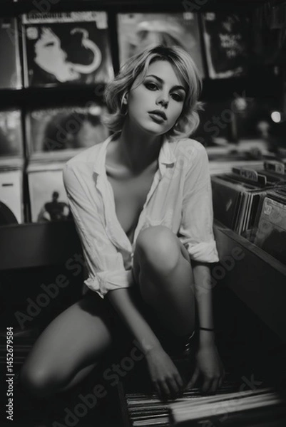 Obraz Punk, goth rock styled girl posing in music store. Wearing leather jacket and dark make-up. Fashion editorial Style. Black and white.	
