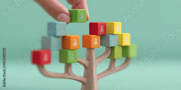 Fototapeta Wooden tree with colorful blocks, each showing a person icon, symbolizing team growth, network, or organizational structure.  Concept represents human resources, connection, and collaboration