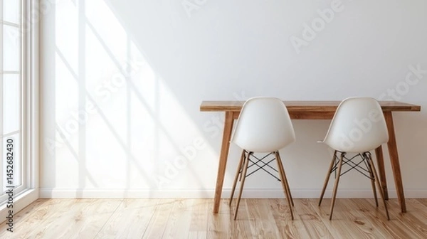 Fototapeta Scandinavian wooden table with two white chairs on white background.