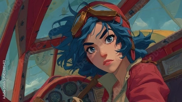 Obraz Close-up of a female pilot in a vintage aircraft cockpit.