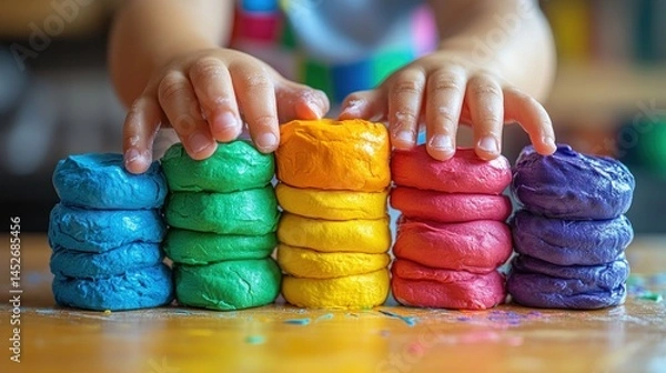 Fototapeta Child's hands building colorful clay towers indoors, messy table