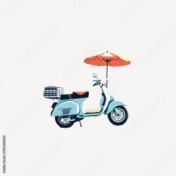 Obraz Vintage Scooter with Umbrella Vector | Minimalist Design for Travel, Delivery, and Outdoor-Themed Illustrations