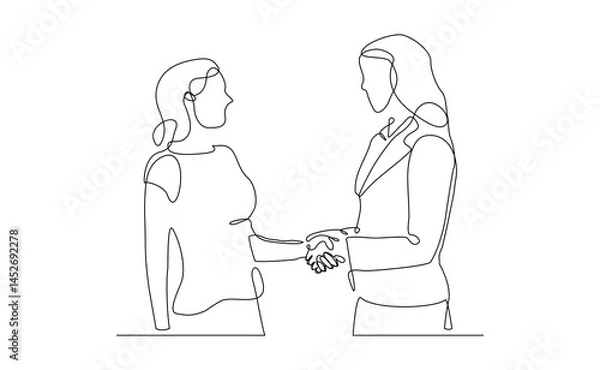 Fototapeta Continuous line drawing of two business woman shaking hands from top view. Big deal business concept sketch drawing editable stroke vector illustration