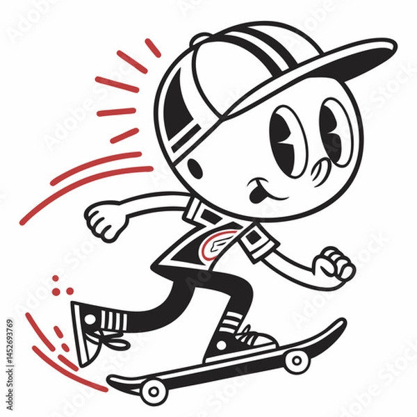 Obraz Dynamic Cartoon Skateboarder with Cap - Energetic Black and White Illustration.