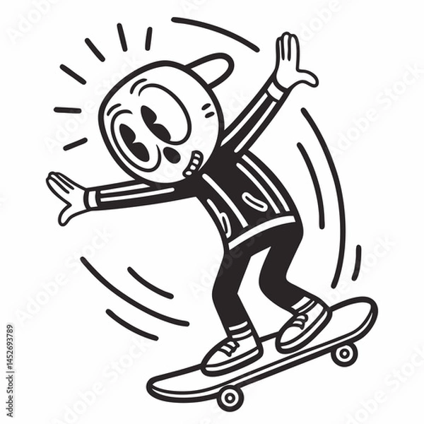 Obraz Energetic Cartoon Skateboarder with Cap - Dynamic Black and White Illustration.