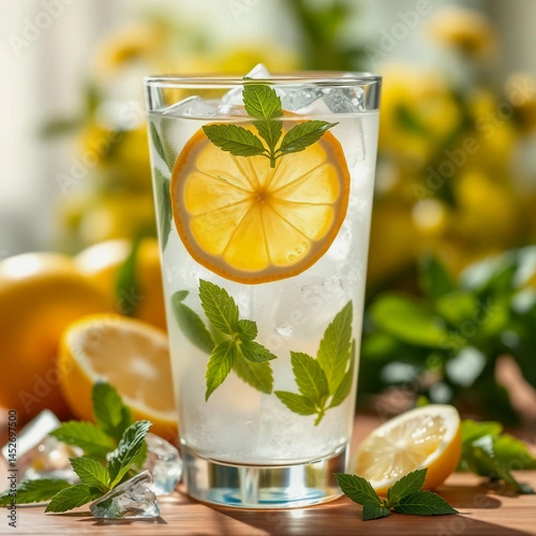 Fototapeta Refreshing Lemon and Mint Iced Drink in a Glass