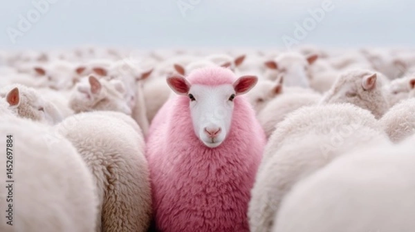 Fototapeta Bold Authenticity Pink Sheep Breaking Conformity in Pastel-Toned Diversity Marketing - Millennial Branding and Inclusive Storytelling Concept