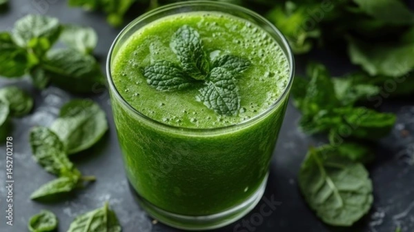 Fototapeta Green smoothie in glass with mint garnish surrounded by spinach leaves.