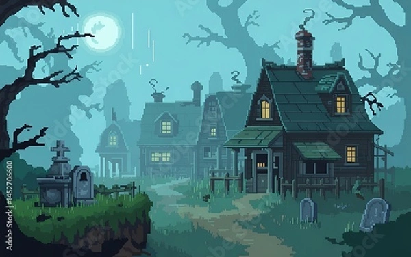 Fototapeta Pixel art of haunted village with crooked houses, spooky graveyard, and foggy paths.