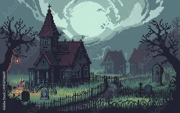Fototapeta Pixel art of haunted village with crooked houses, spooky graveyard, and foggy paths.