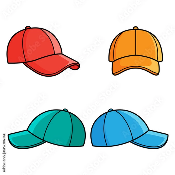 Fototapeta Set of baseball caps, front and side view different perspectives sport cap illustration