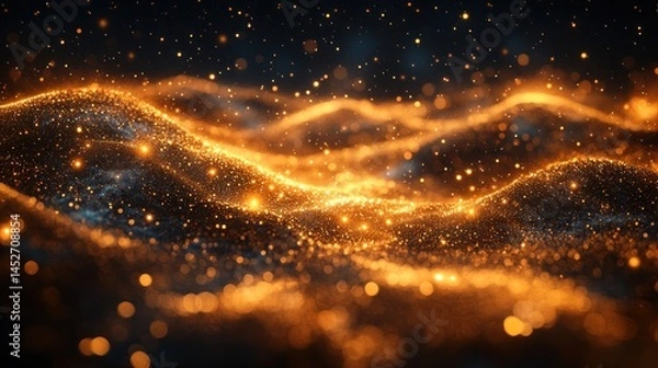 Fototapeta Abstract golden particles waves in dark background