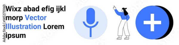 Obraz Microphone for voice activation, character illustrating interaction, and a plus icon for adding features. Ideal for software, technology, communication, updates, user interface, education simple