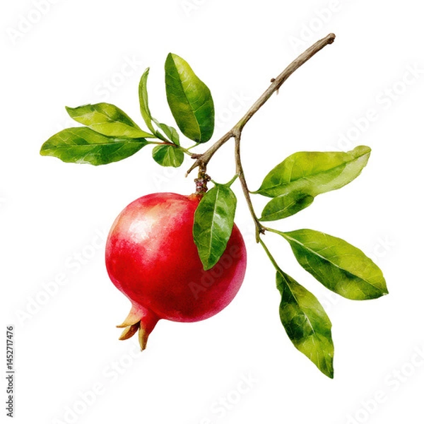 Fototapeta Isolated fresh red pomegranate fruit with leaves on branch artwork art on transparent background