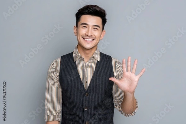 Obraz Smiling Man Shows Five Fingers