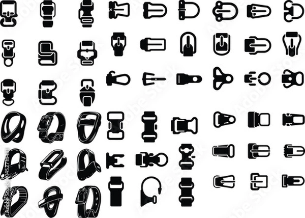 Fototapeta Plastic Buckle Silhouette Set | Strap & Clip Icons Vector Adjustable Buckle Icons | Black Plastic Buckle Silhouettes