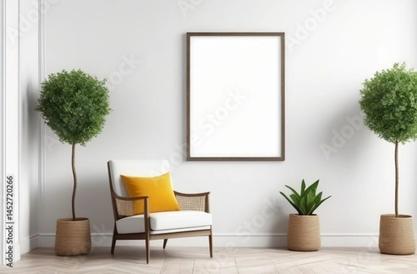 Fototapeta Mockup scene. Empty frame for painting, poster on white wall. Scene with armchair, potted flower. Mockup for designer to present home decor art, print. Minimalist Interior design living room