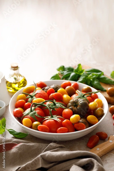 Fototapeta Fresh ripe cherry tomatoes and large red tomatoes