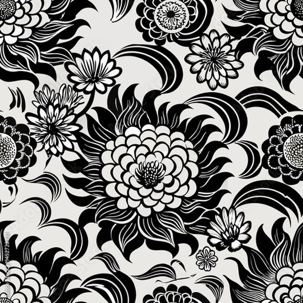 Obraz seamless Japanese pattern with chrysanthemum flowers and stylized waves in black and white, classic Wagara combination, vector art
