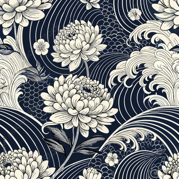 Fototapeta seamless Japanese pattern with chrysanthemum flowers and stylized waves in black and white, classic Wagara combination, vector art
