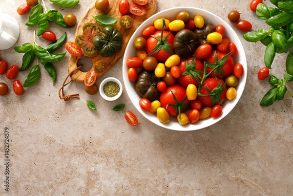 Fototapeta Fresh ripe cherry tomatoes and large red tomatoes, top view