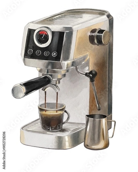 Fototapeta Espresso machine brewing a rich shot of coffee in a kitchen setting during morning hours