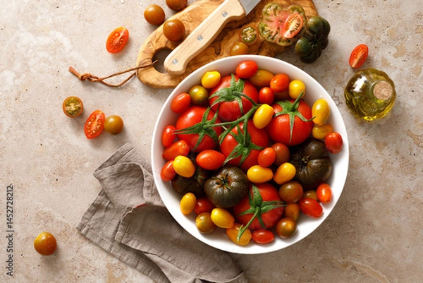 Fototapeta Fresh ripe cherry tomatoes and large red tomatoes, top view